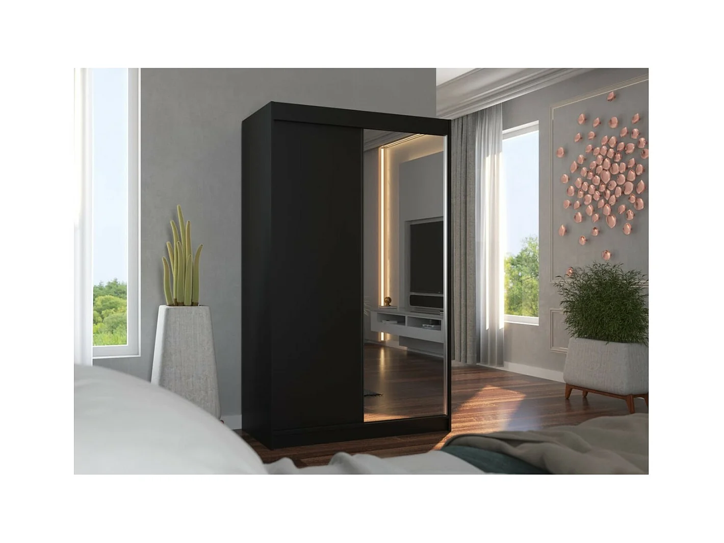 Armoire Reyna (120cm)/portes coulissantes/miroir/Noir
