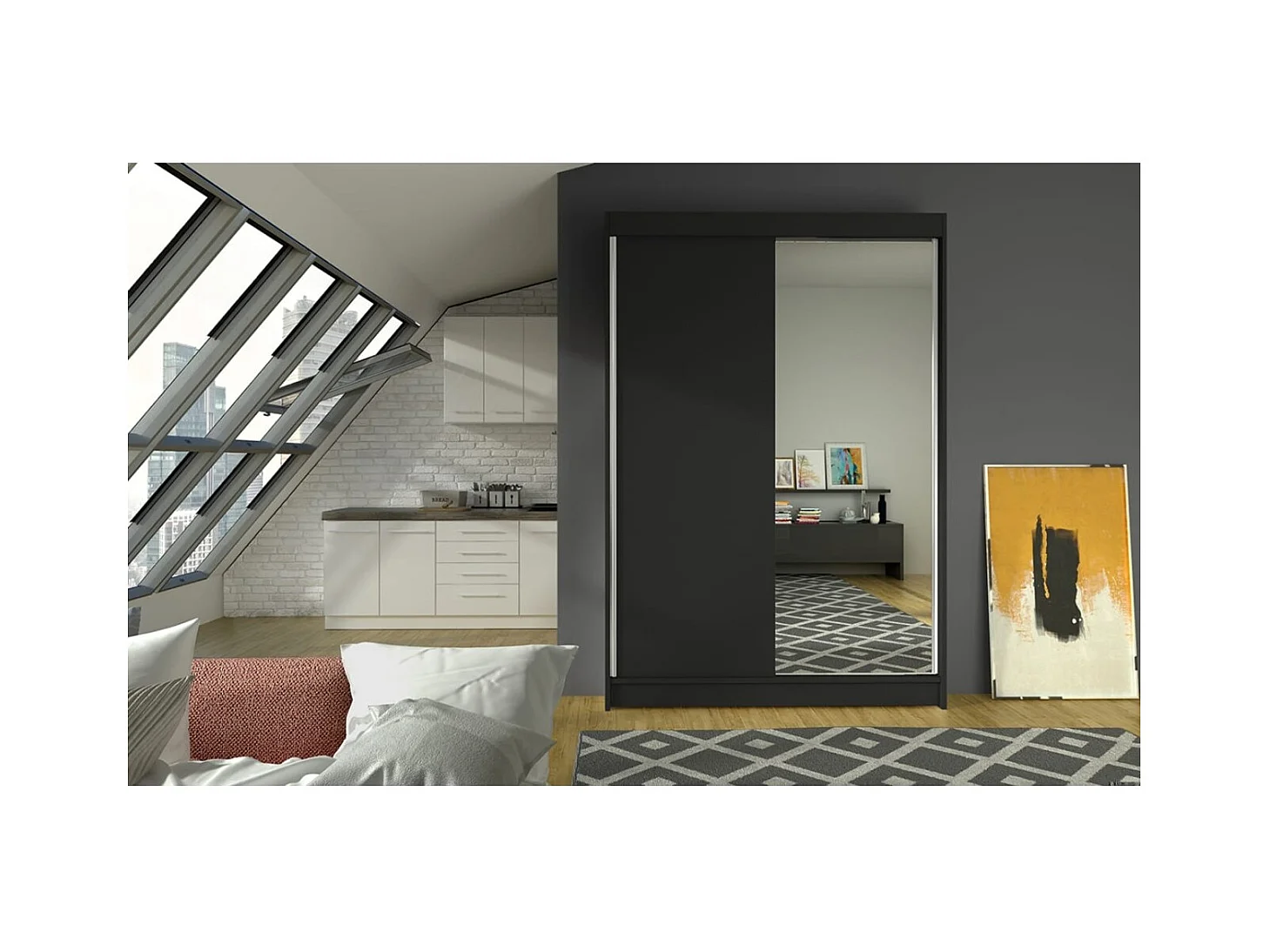 Armoire Reyna (120cm)/portes coulissantes/miroir/Noir