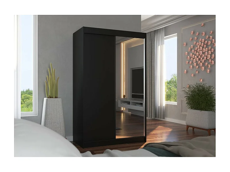 Kleiderschrank Reyna (120cm)/Schiebetüren/Spiegel/Schwarz