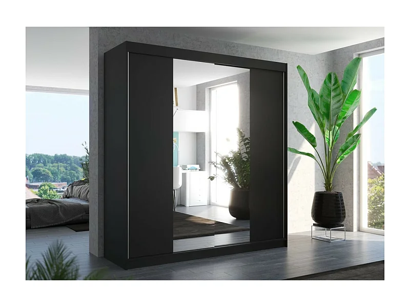 Kleiderschrank Pera(200cm)/Schiebetüren/Spiegel/Schwarz