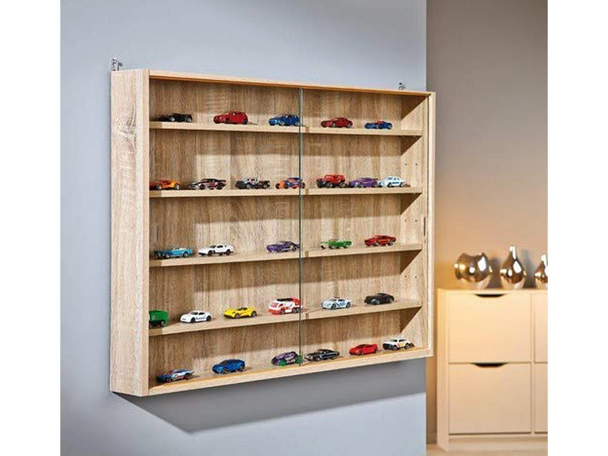 Vitrine murale pour miniatures en panneaux de particules coloris sonoma, L80 x P9,5 x H60 cm