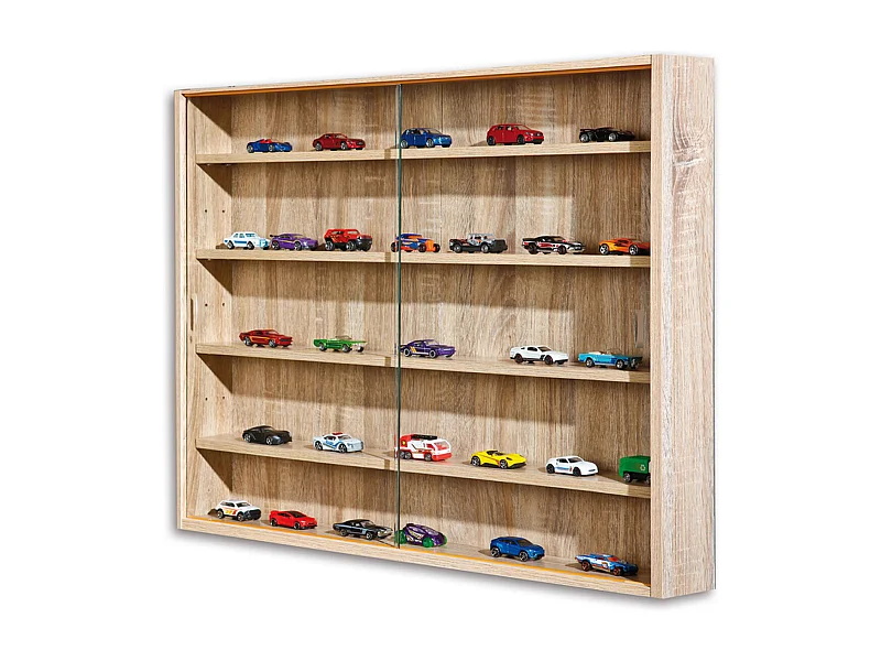 Vitrine murale pour miniatures en panneaux de particules coloris sonoma, L80 x P9,5 x H60 cm