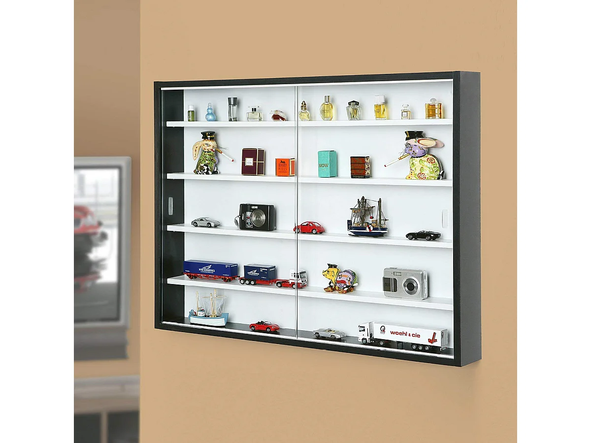 Vitrine murale pour miniature en panneaux de particules Blanc et noir, L80 x P9,5 x H60 cm