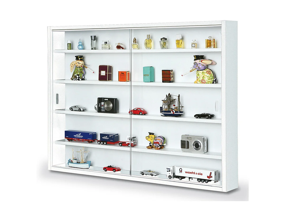 Vitrine murale pour miniatures en panneaux de particules coloris blanc, L80 x P9,5 x H60 cm