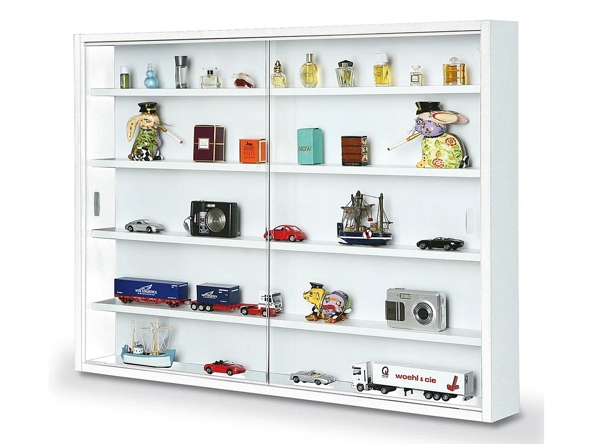 Vitrine murale pour miniatures en panneaux de particules coloris blanc, L80 x P9,5 x H60 cm