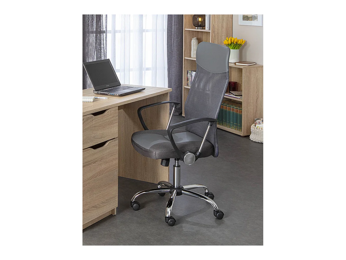 Fauteuil de bureau avec roulettes en simili-cuir coloris gris et pieds en métal chromé=