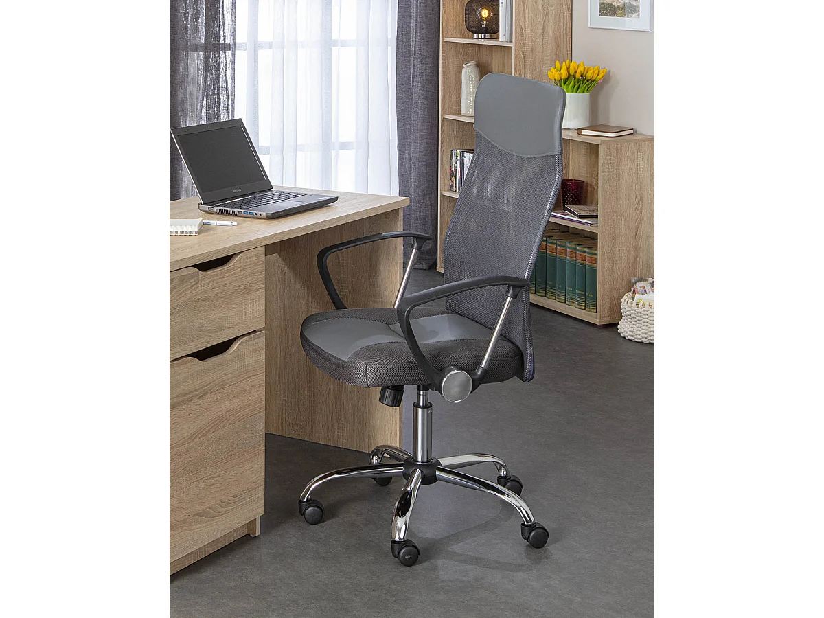 Fauteuil de bureau avec roulettes en simili-cuir coloris gris et pieds en métal chromé=