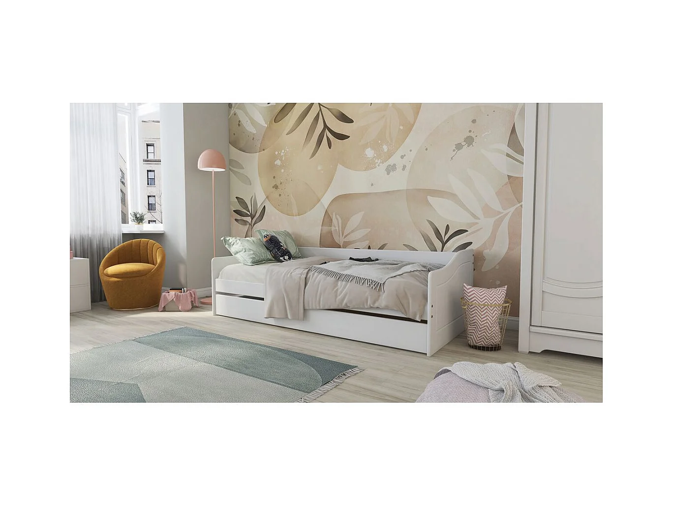 Lit Banquette 90x190 en pin massif coloris vernis blanc - Longueur 197 x Profondeur 97 x Hauteur 62 cm