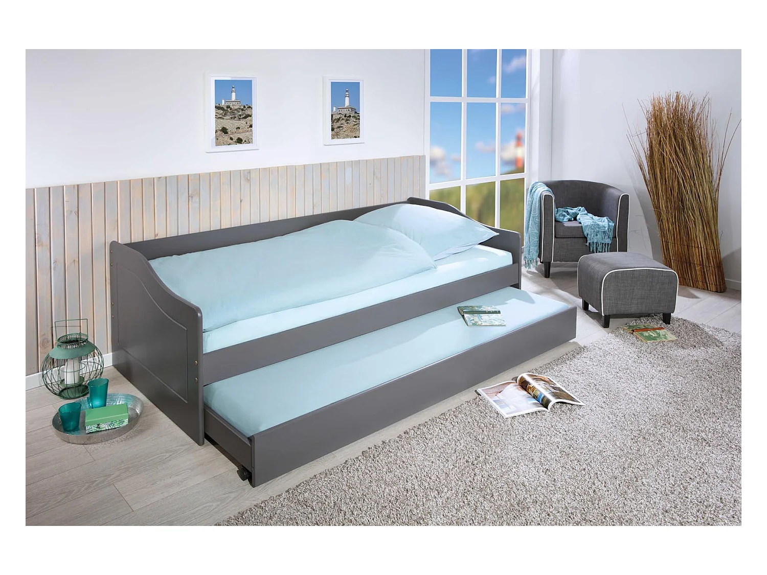 Lit Banquette 90x200  en pin massif coloris vernis gris - Longueur 207 x Profondeur 96,5 x Hauteur 62 cm