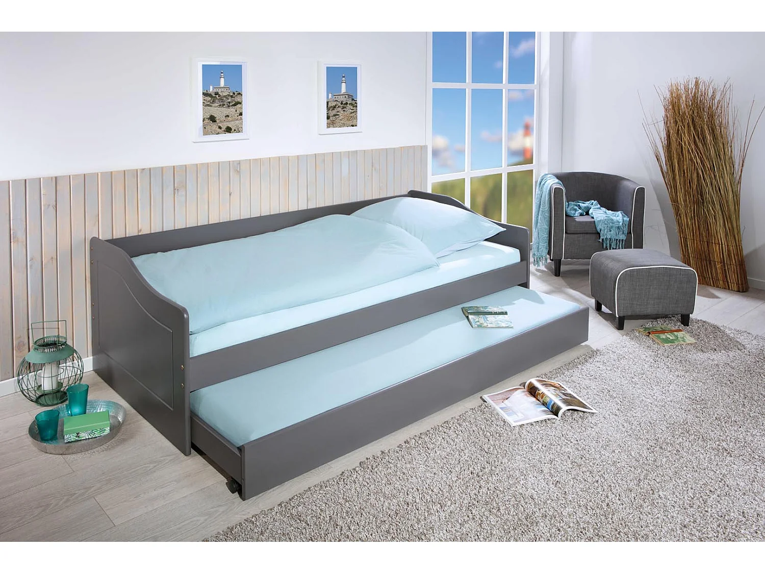 Lit Banquette 90x200  en pin massif coloris vernis gris - Longueur 207 x Profondeur 96,5 x Hauteur 62 cm