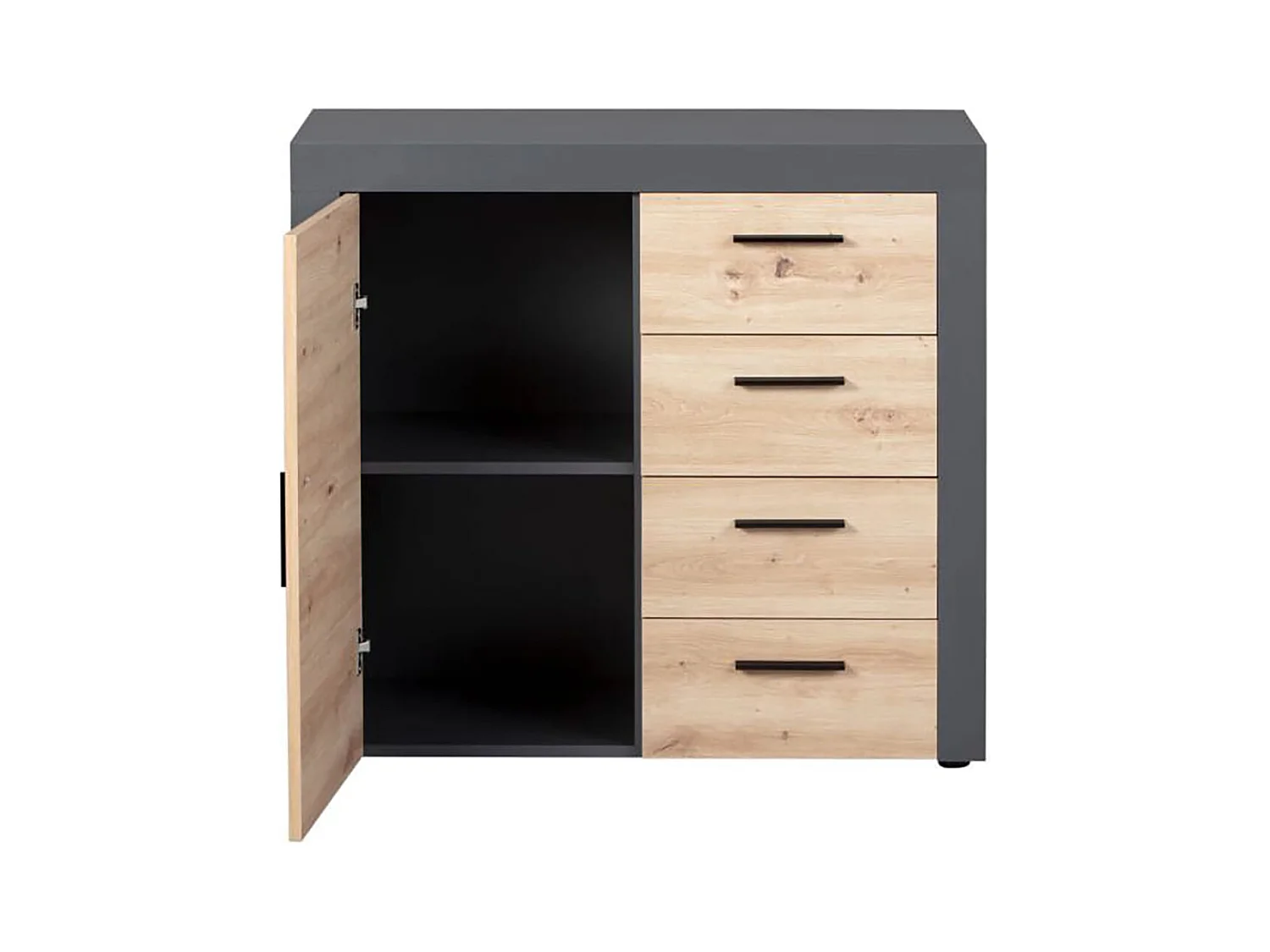 Commode meuble de rangement coloris chêne artisan / anthracite - Hauteur 86 x Longueur 94 x Profondeur 40 cm