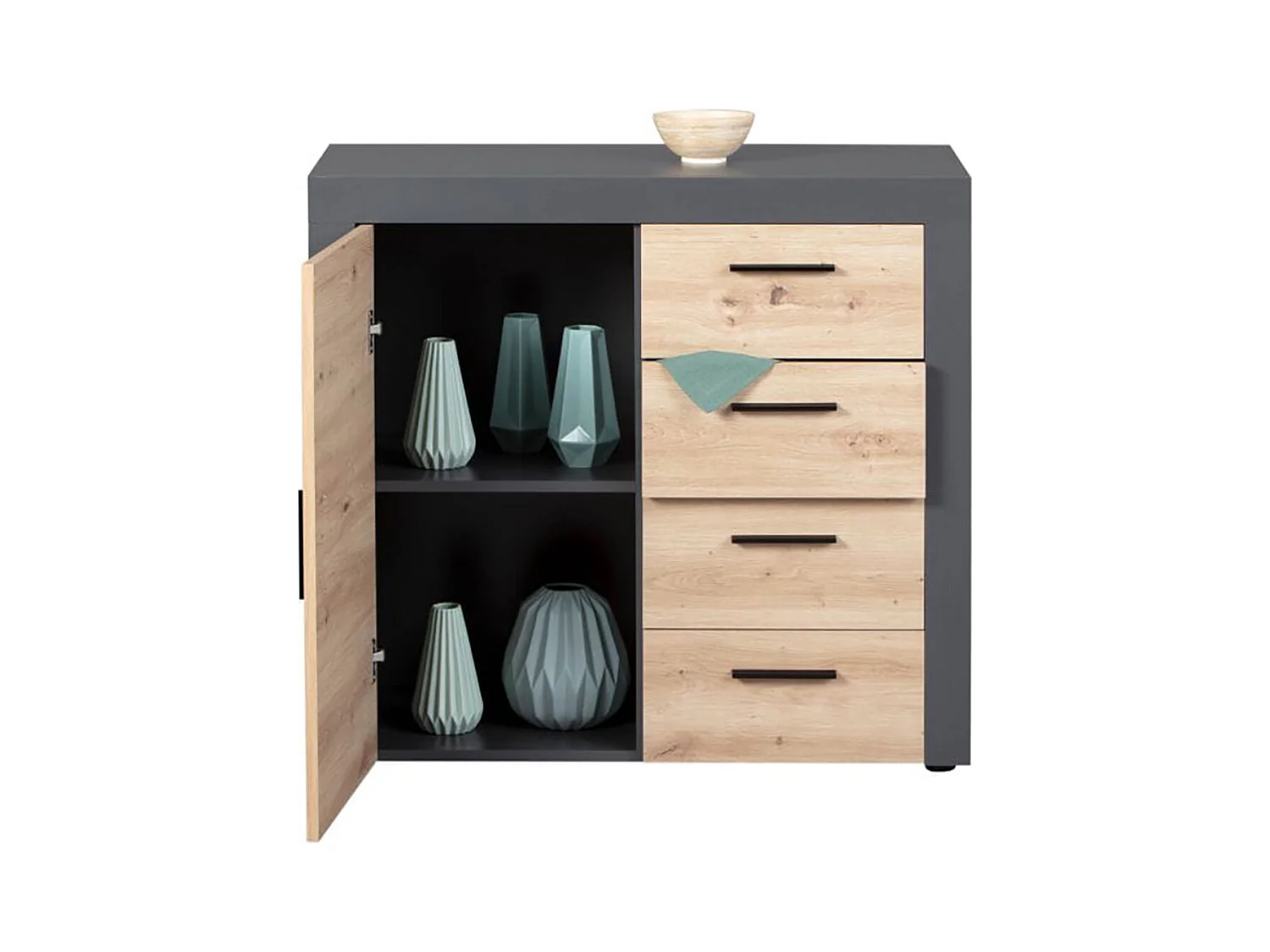 Commode meuble de rangement coloris chêne artisan / anthracite - Hauteur 86 x Longueur 94 x Profondeur 40 cm