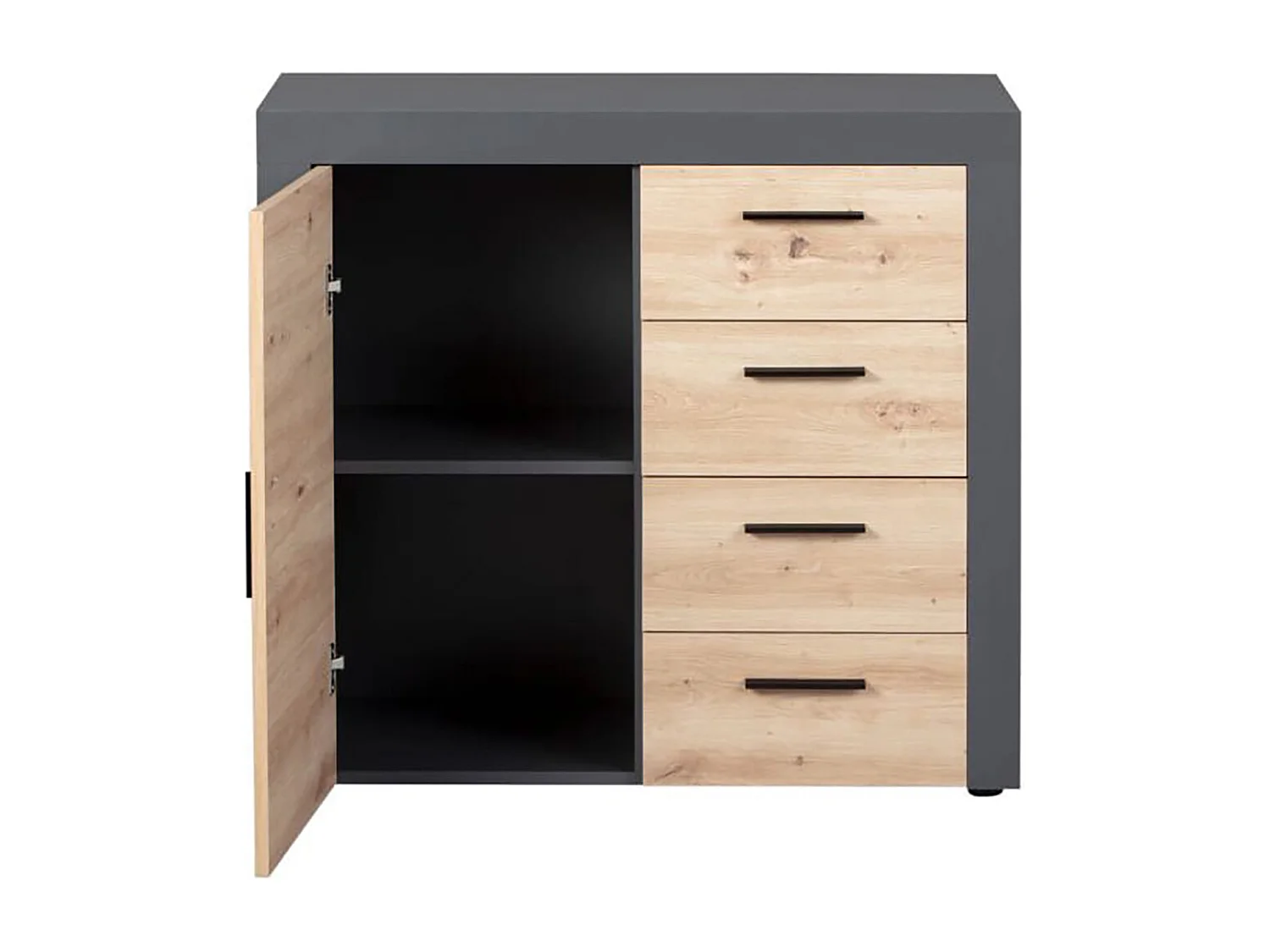 Commode meuble de rangement coloris chêne artisan / anthracite - Hauteur 86 x Longueur 94 x Profondeur 40 cm