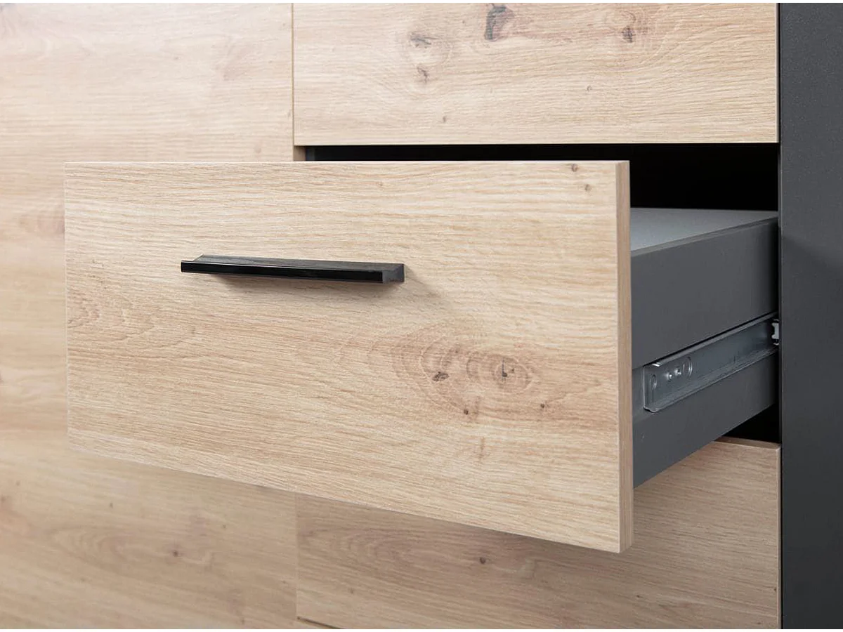 Commode meuble de rangement coloris chêne artisan / anthracite - Hauteur 86 x Longueur 94 x Profondeur 40 cm