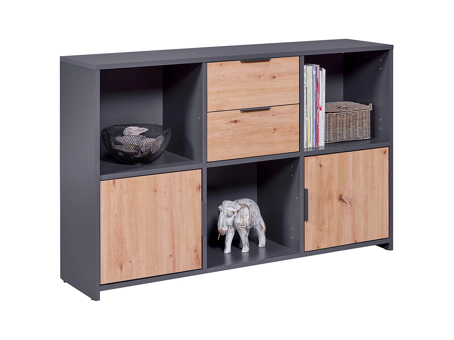 Commode meuble de rangement en bois coloris chêne Artisan /anthracite - longueur 120 x profondeur 30 x hauteur 77 cm
