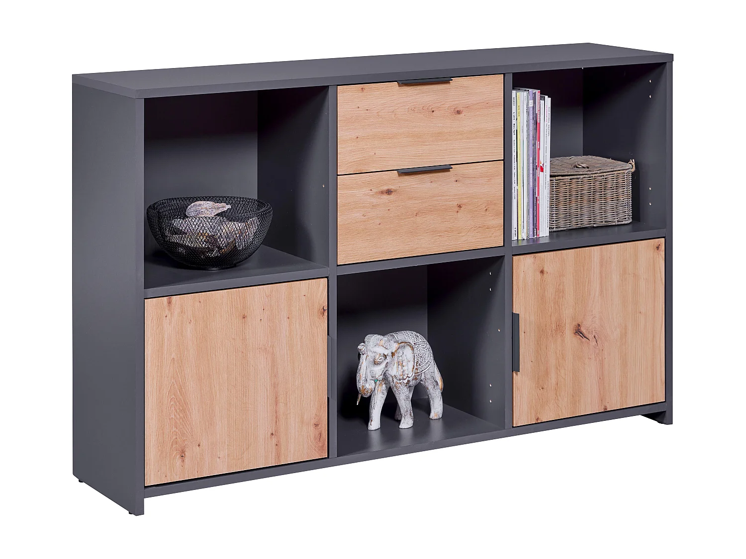 Commode meuble de rangement en bois coloris chêne Artisan /anthracite - longueur 120 x profondeur 30 x hauteur 77 cm