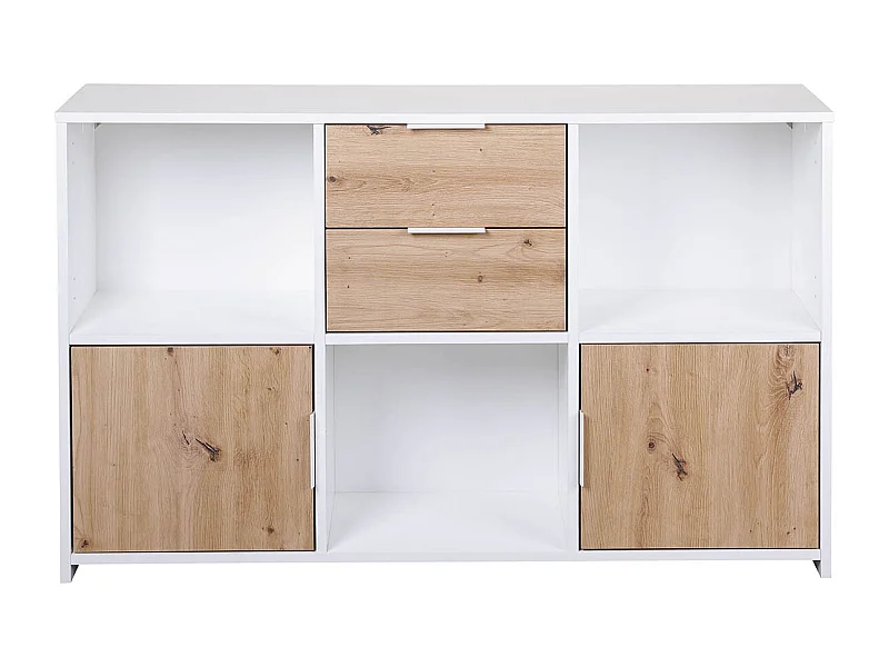 Commode, meuble de rangement avec 2 portes et 2 tiroirs coloris chêne Artisan /blanc - longueur 120 x profondeur 30 x hauteur 77 cm