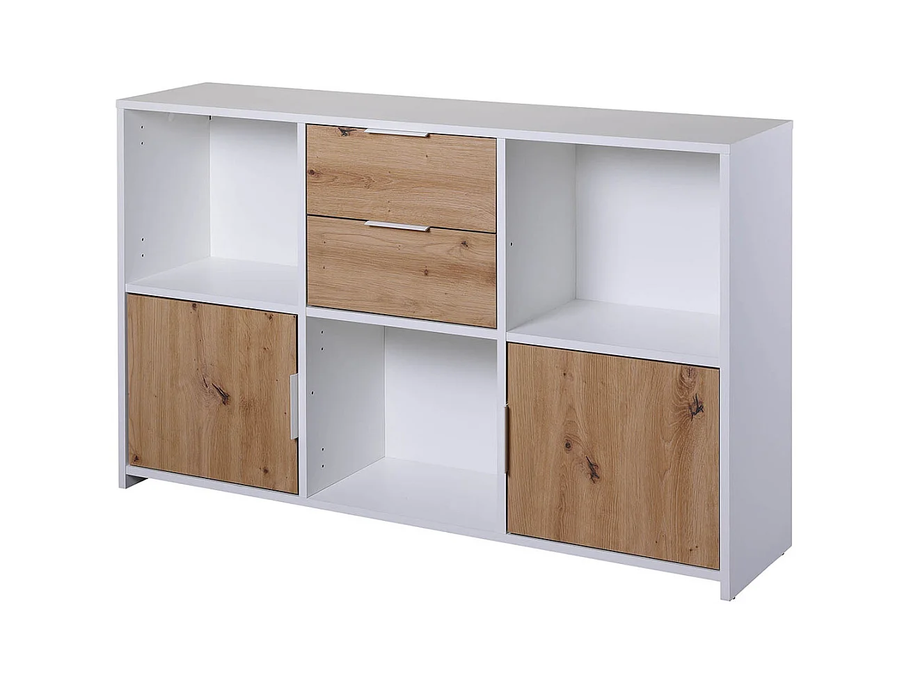 Commode, meuble de rangement avec 2 portes et 2 tiroirs coloris chêne Artisan /blanc - longueur 120 x profondeur 30 x hauteur 77 cm