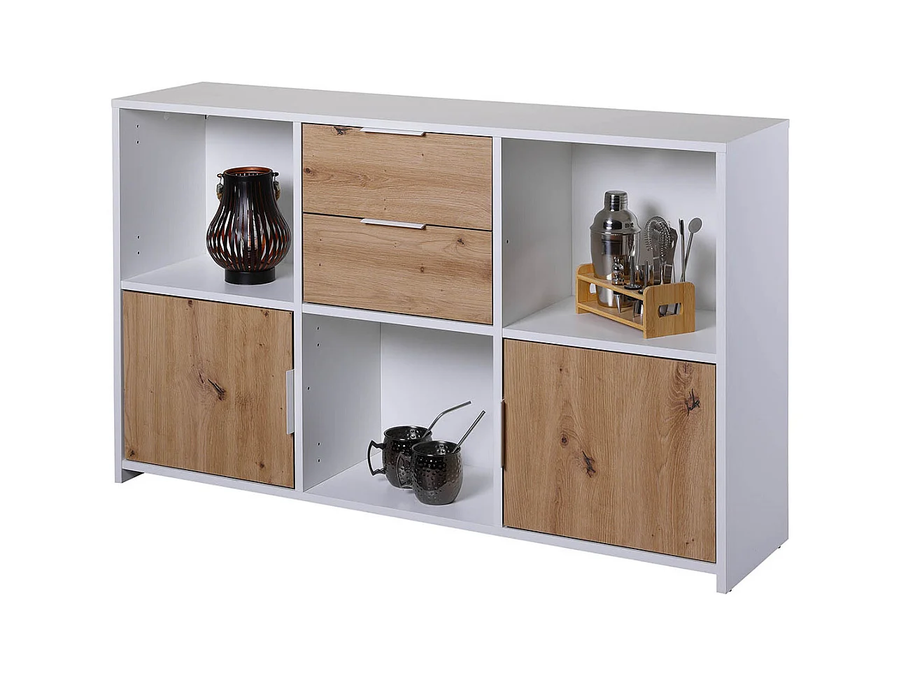 Commode, meuble de rangement avec 2 portes et 2 tiroirs coloris chêne Artisan /blanc - longueur 120 x profondeur 30 x hauteur 77 cm