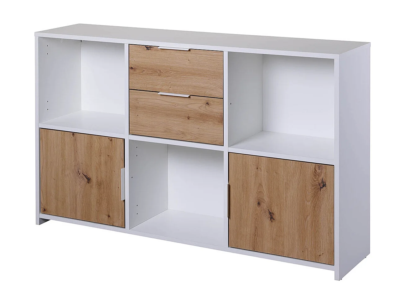 Commode, meuble de rangement avec 2 portes et 2 tiroirs coloris chêne Artisan /blanc - longueur 120 x profondeur 30 x hauteur 77 cm