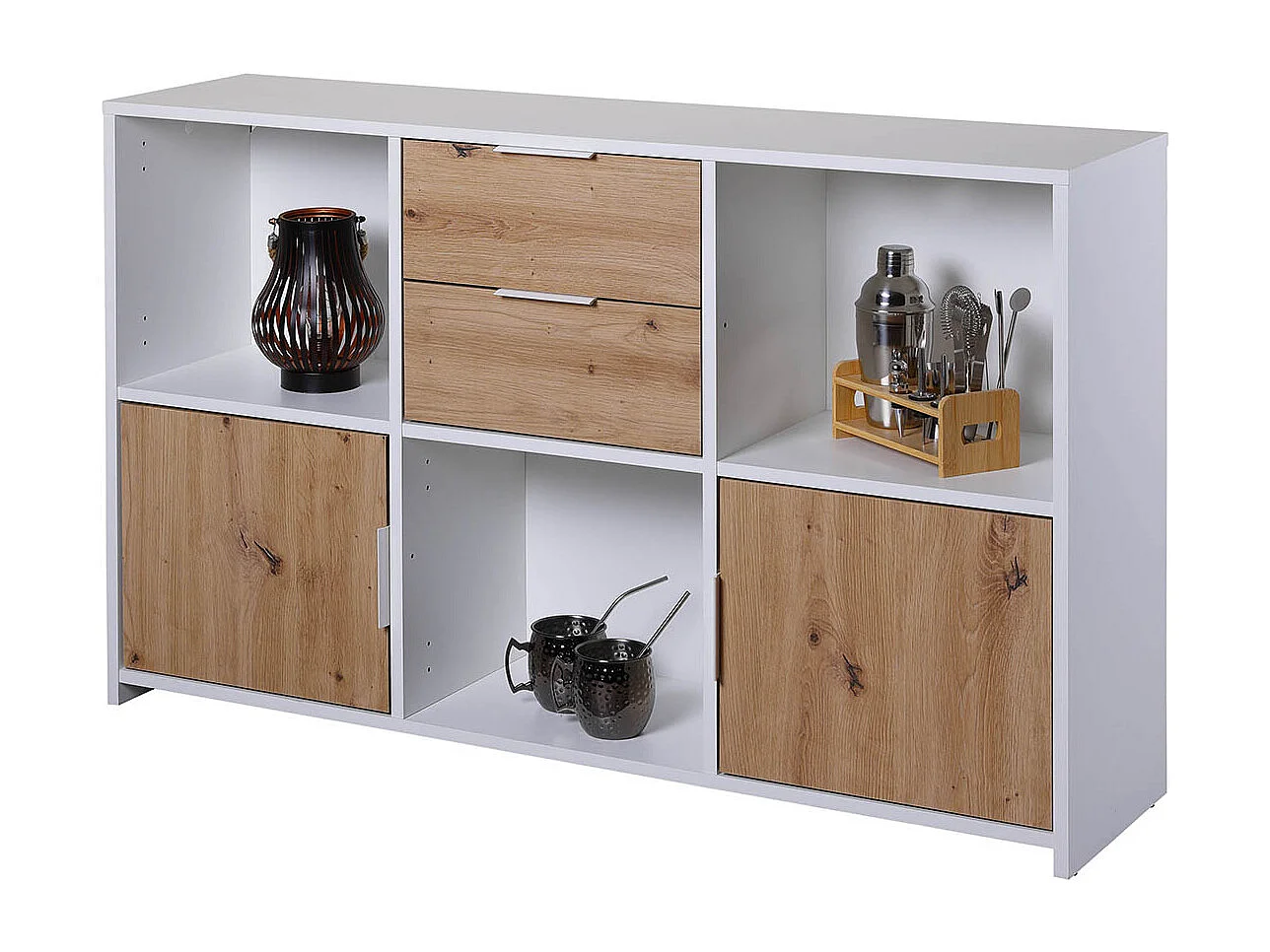 Commode, meuble de rangement avec 2 portes et 2 tiroirs coloris chêne Artisan /blanc - longueur 120 x profondeur 30 x hauteur 77 cm