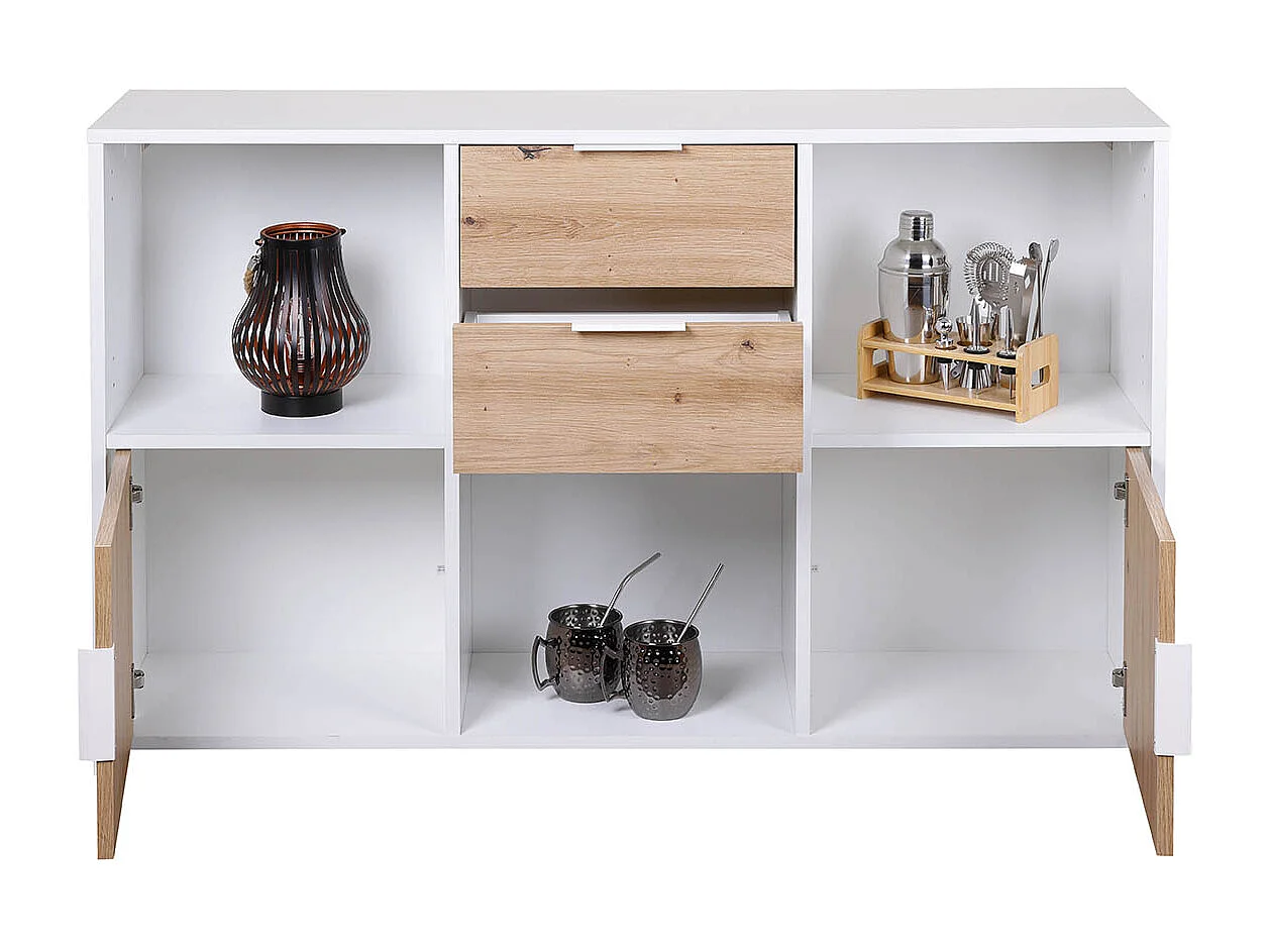 Commode, meuble de rangement avec 2 portes et 2 tiroirs coloris chêne Artisan /blanc - longueur 120 x profondeur 30 x hauteur 77 cm