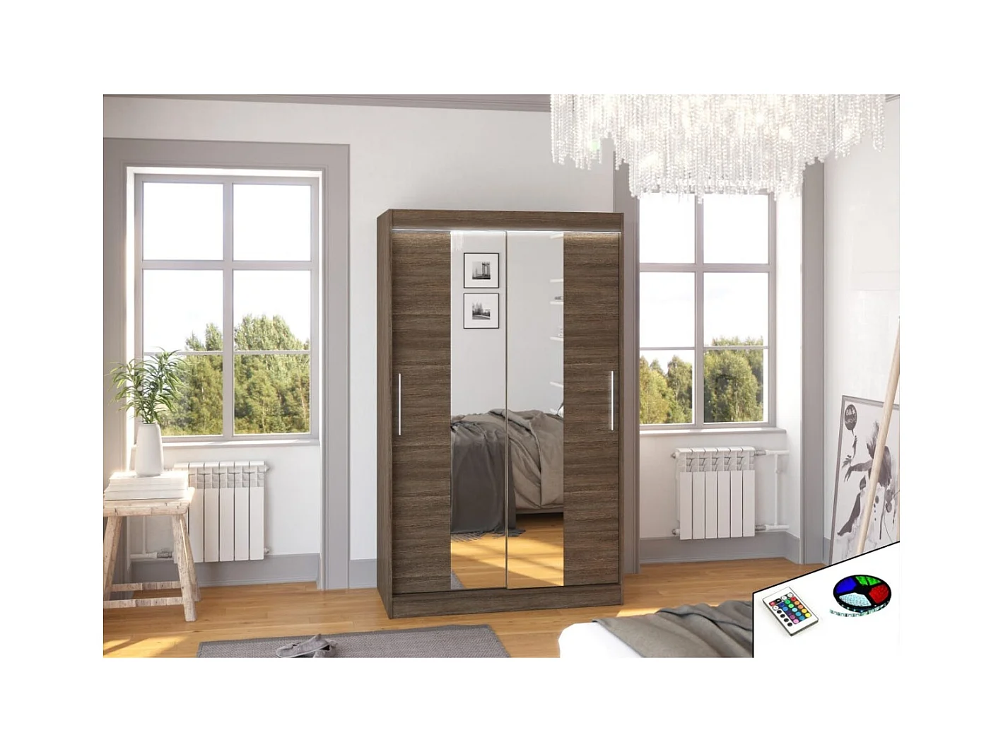 Armoire Lanto (120cm)/portes coulissantes/LED/miroir/Marron
