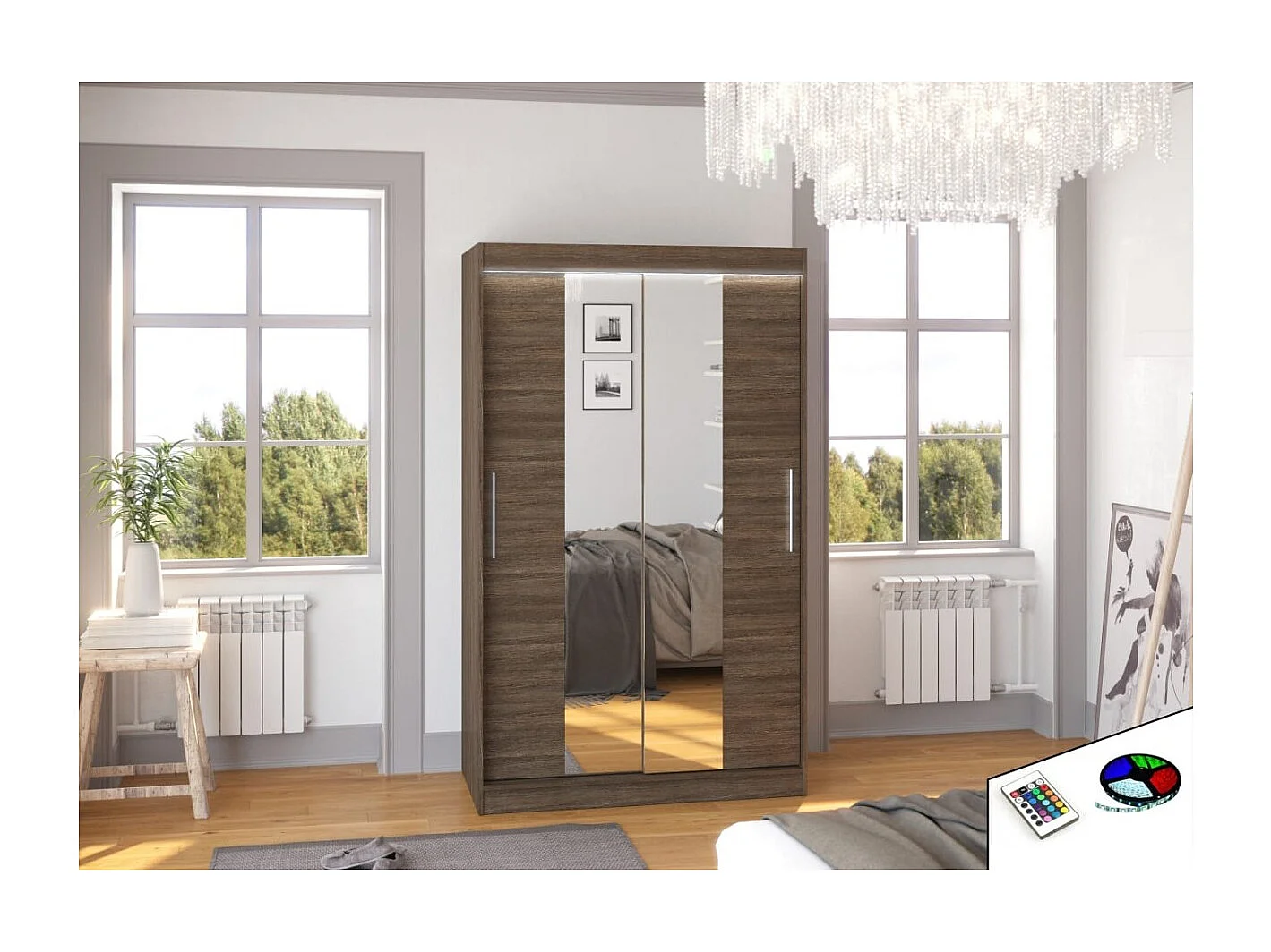 Armoire Lanto (120cm)/portes coulissantes/LED/miroir/Marron