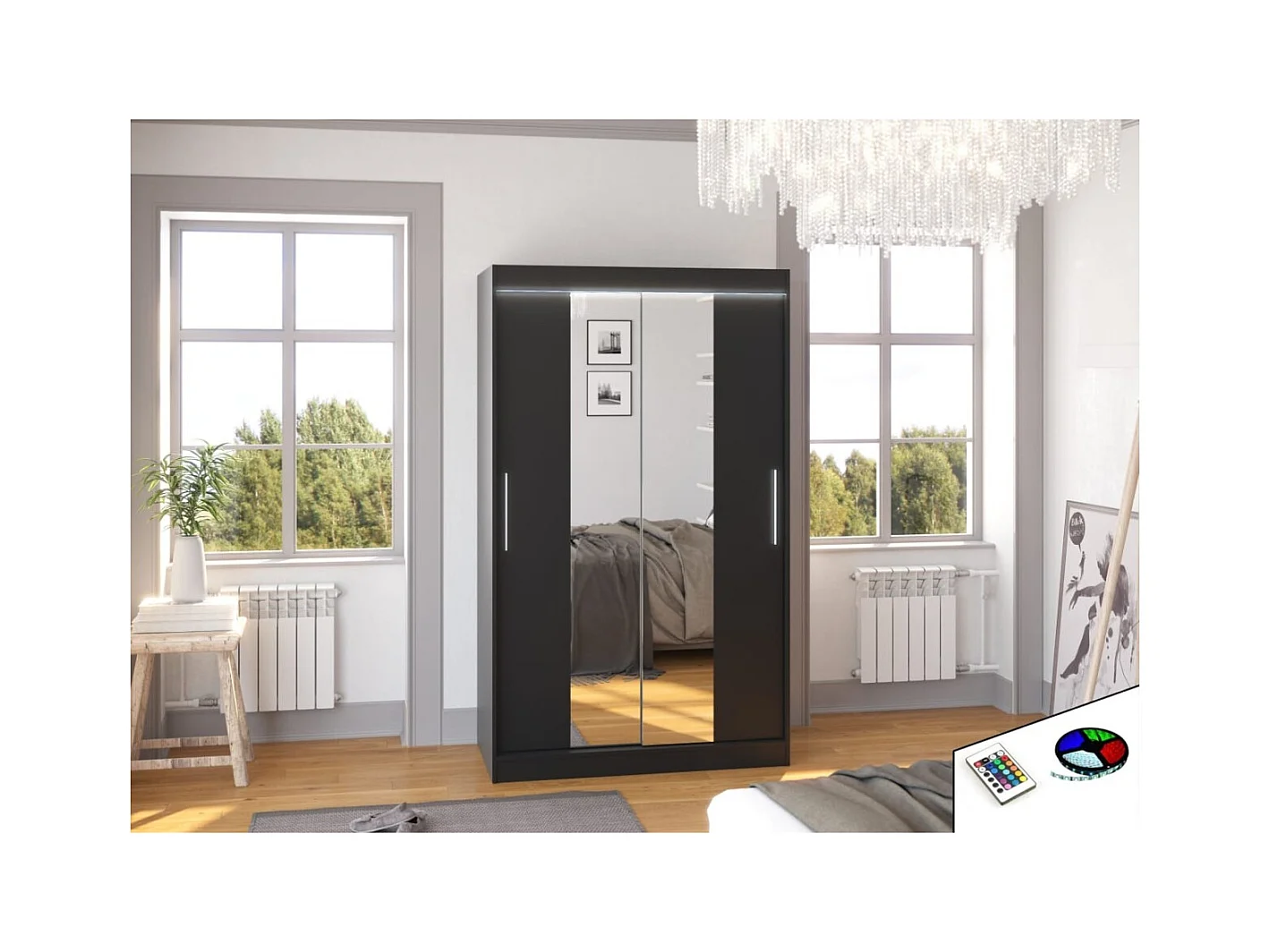 Armoire Lanto (120cm)/portes coulissantes/LED/miroir/Noir