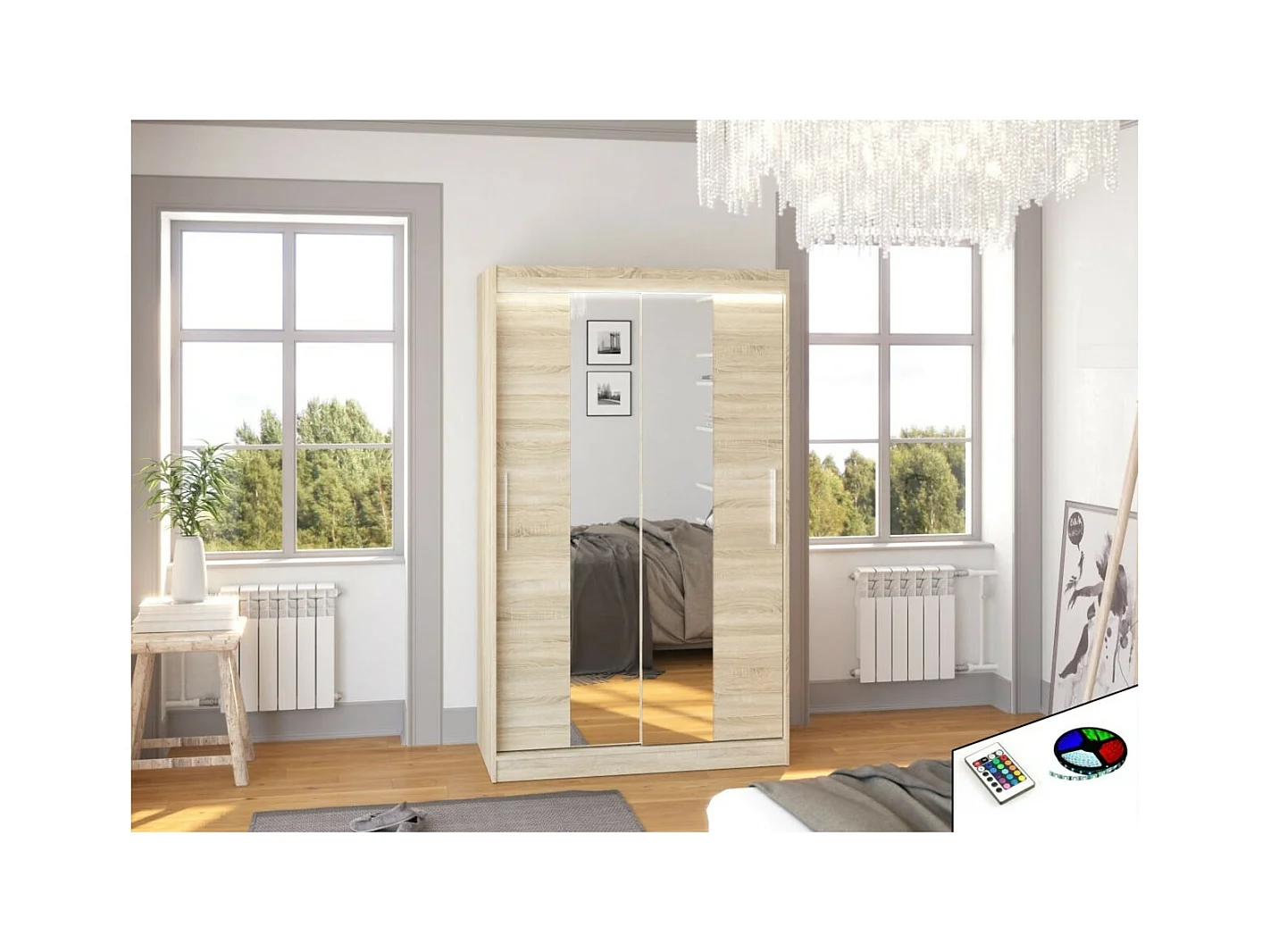 Armoire Lanto (120cm)/portes coulissantes/LED/miroir/Sonoma