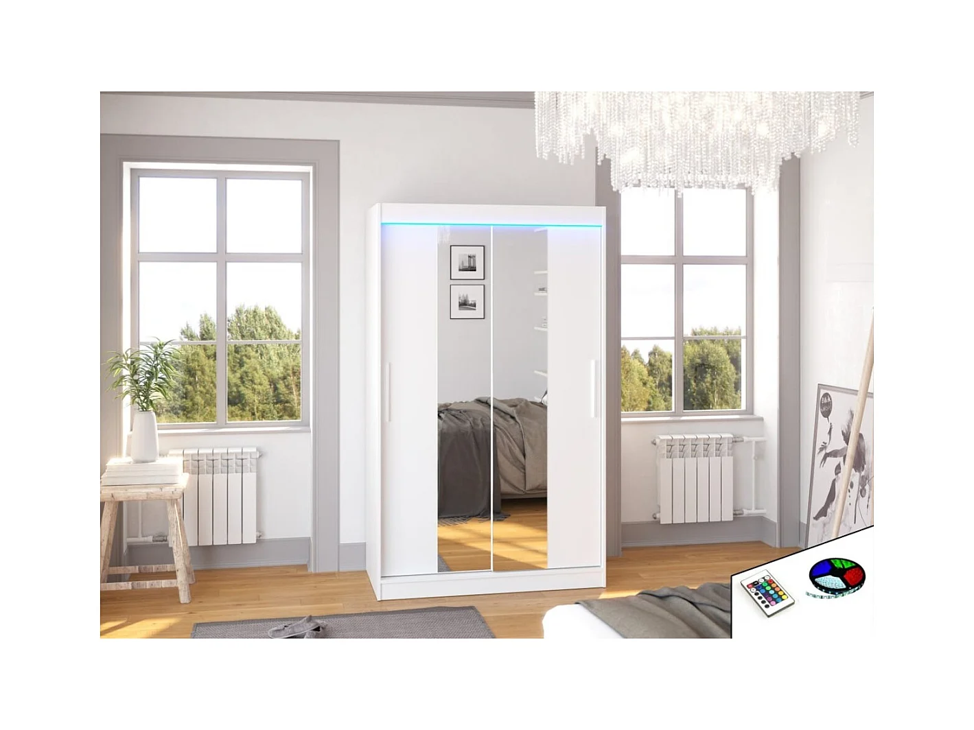 Armoire Lanto (120cm)/portes coulissantes/LED/miroir/Blanc