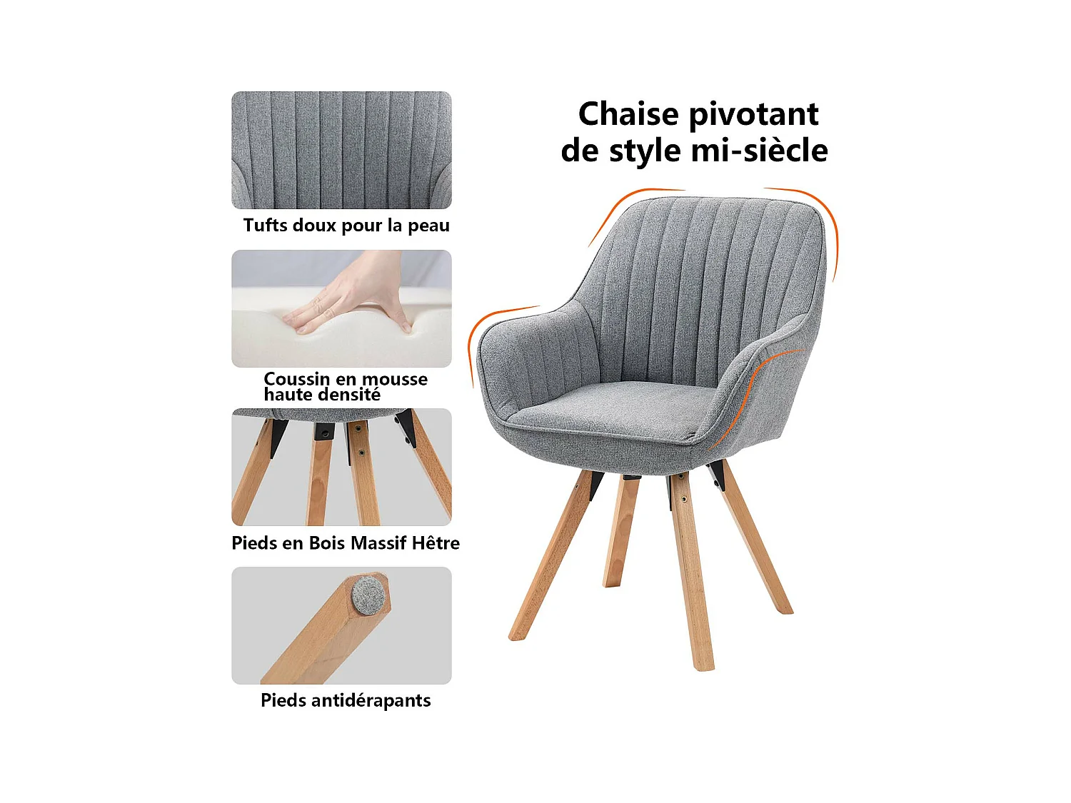Chaise de bureau pivotant style scandinave en tissu pied en bois de hêtre,CARSONOFFICE