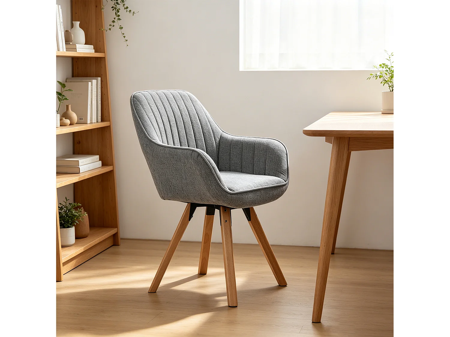 Chaise de bureau pivotante style scandinave en tissu gris avec pieds en bois de hêtre, CARSONOFFICE