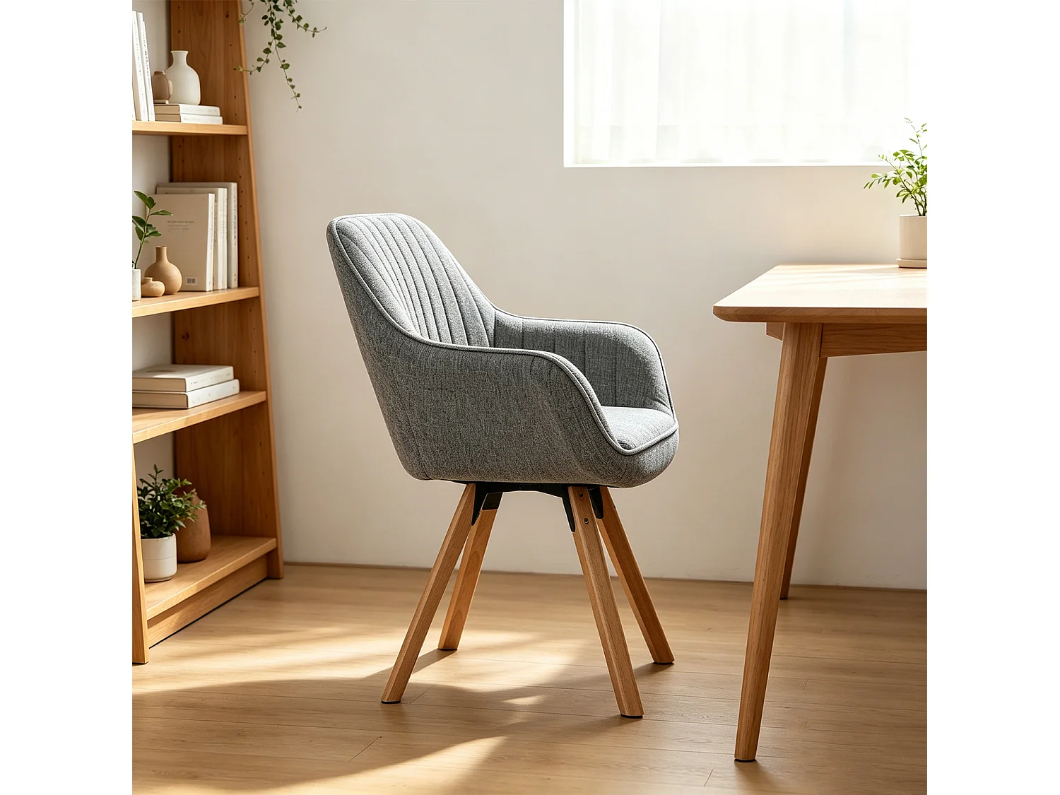 Chaise de bureau pivotante style scandinave en tissu gris avec pieds en bois de hêtre, CARSONOFFICE