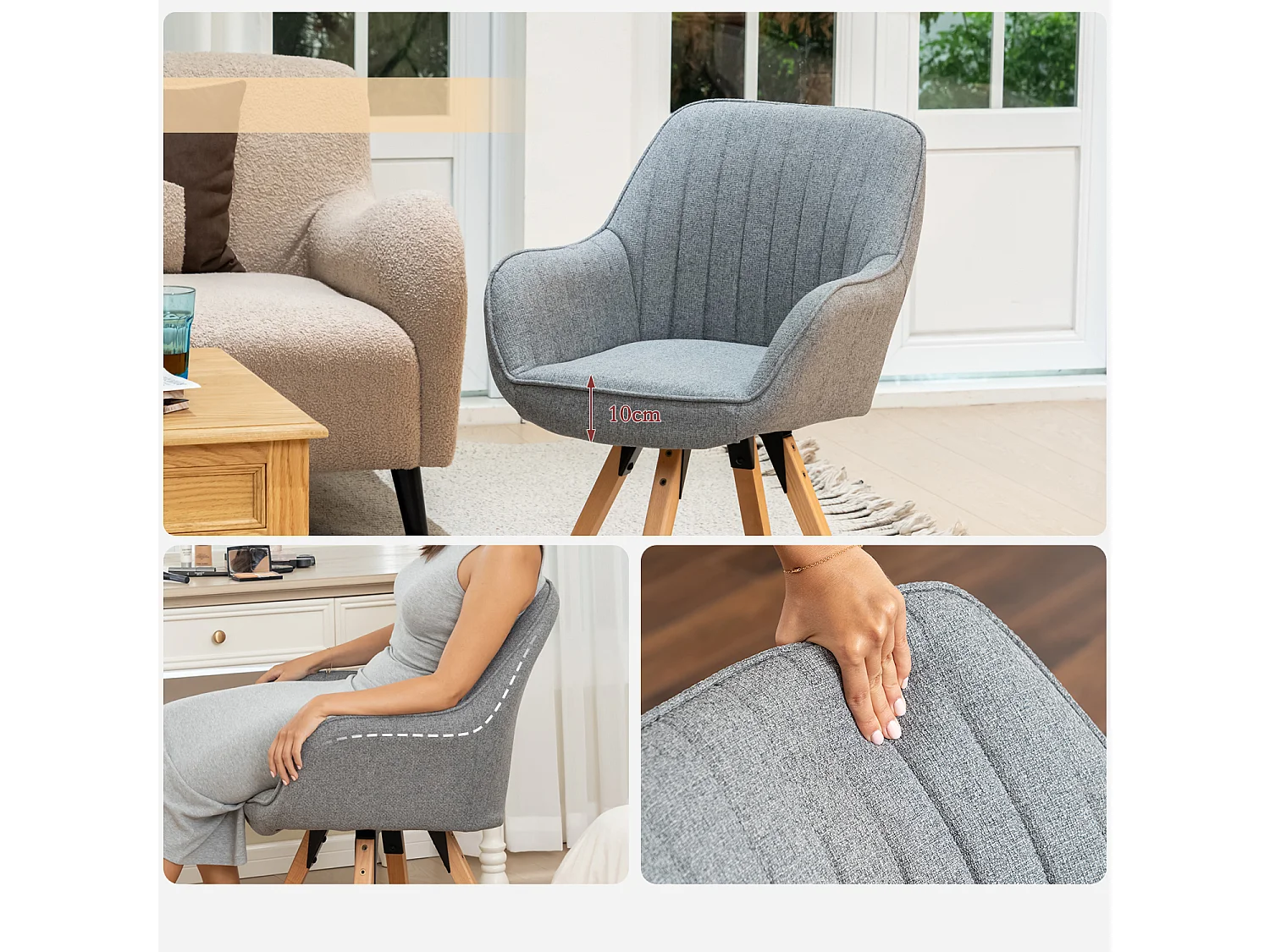 Chaise de bureau pivotante style scandinave en tissu gris avec pieds en bois de hêtre, CARSONOFFICE