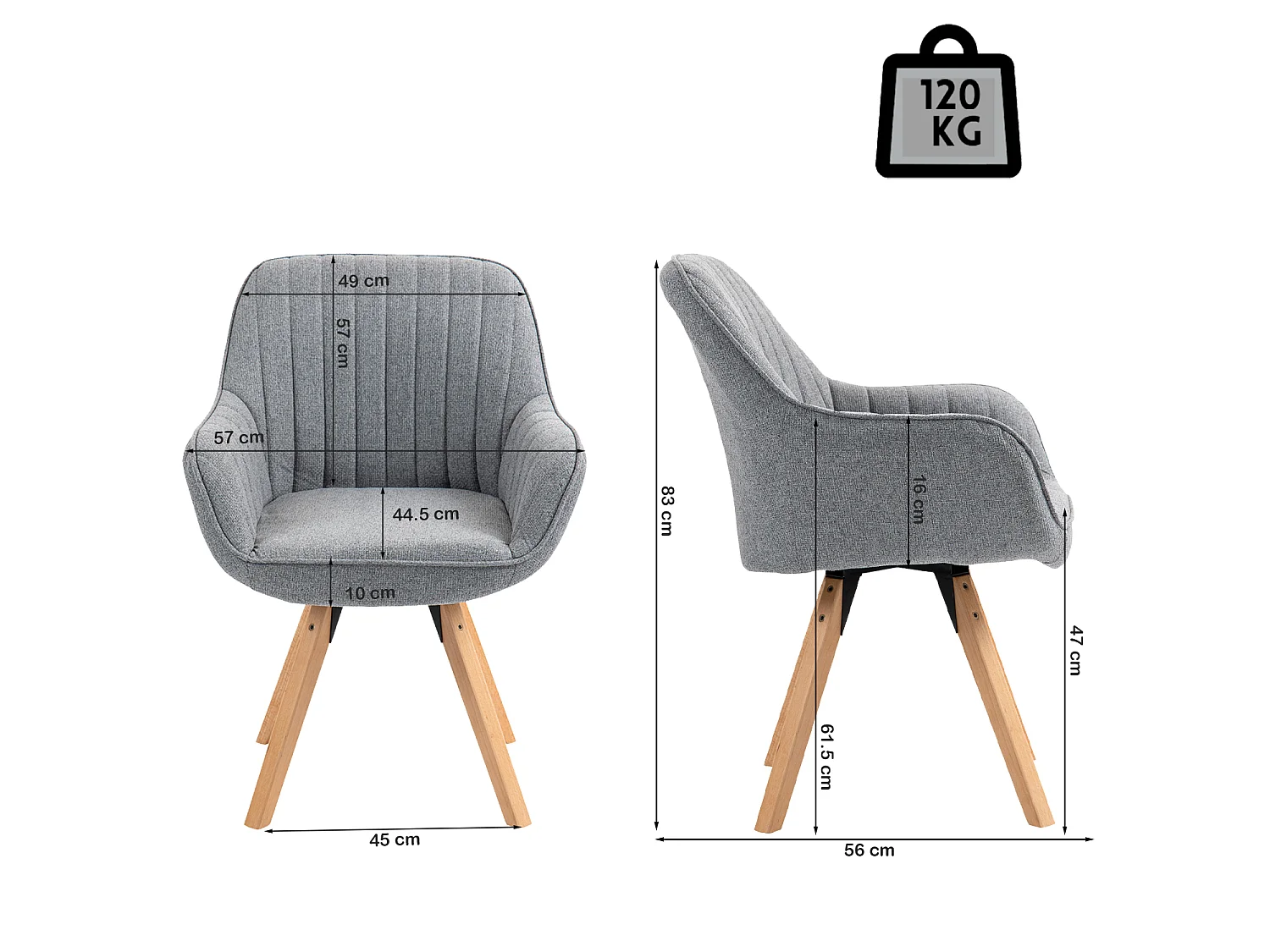 Chaise de bureau pivotante style scandinave en tissu gris avec pieds en bois de hêtre, CARSONOFFICE