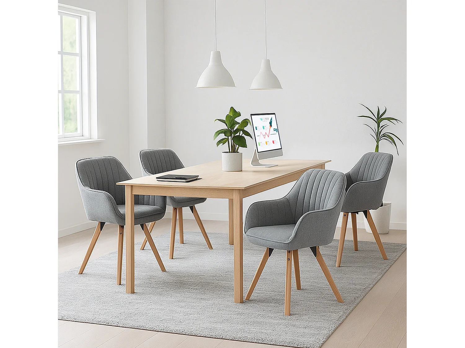 Chaise de bureau pivotante style scandinave en tissu gris avec pieds en bois de hêtre, CARSONOFFICE