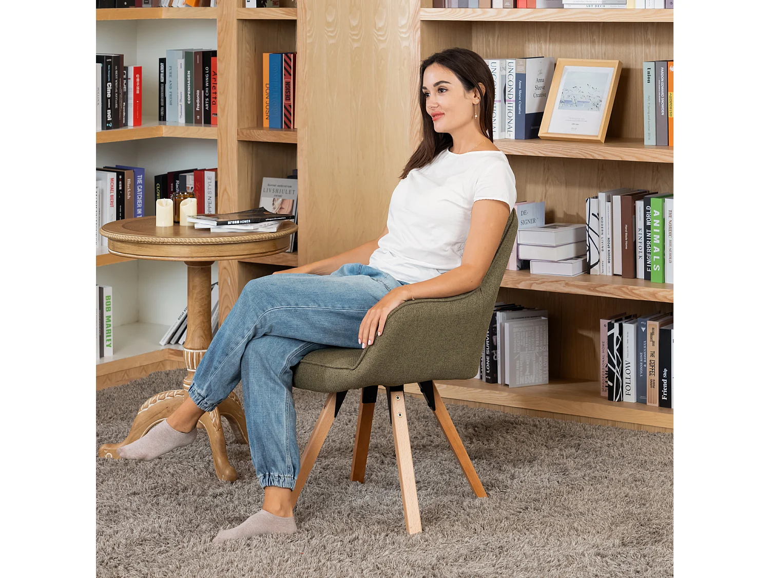 Chaise de bureau pivotant style scandinave en tissu pied en bois de hêtre,CARSONOFFICE