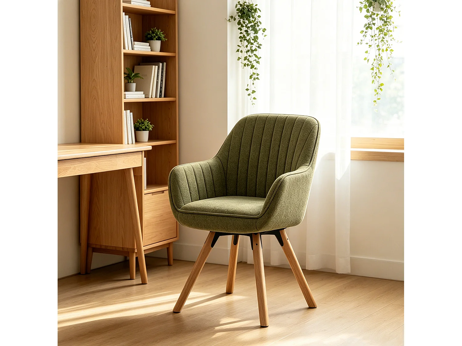 Chaise de bureau pivotante style scandinave en tissu vert avec pieds en bois de hêtre, CARSONOFFICE