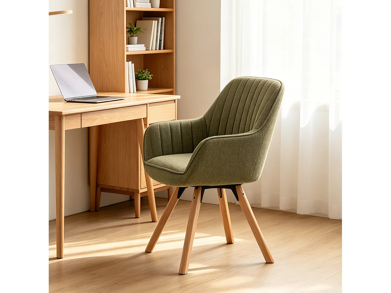 Chaise de bureau pivotante style scandinave en tissu vert avec pieds en bois de hêtre, CARSONOFFICE