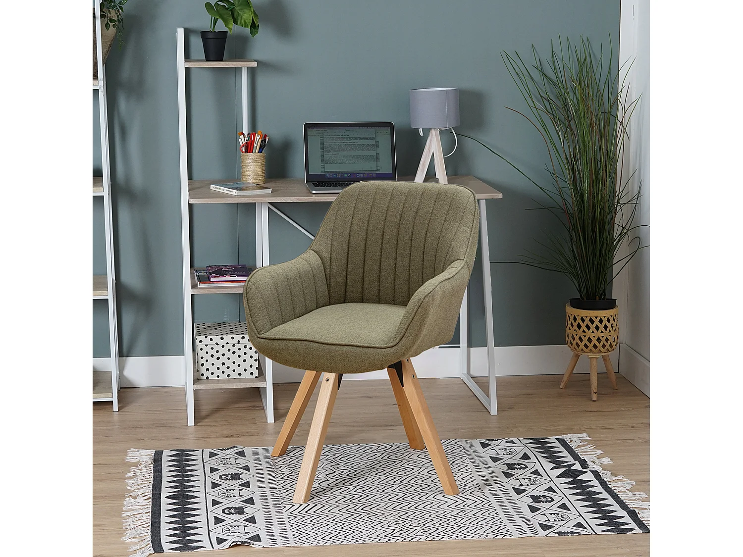 Chaise de bureau pivotante style scandinave en tissu vert avec pieds en bois de hêtre, CARSONOFFICE