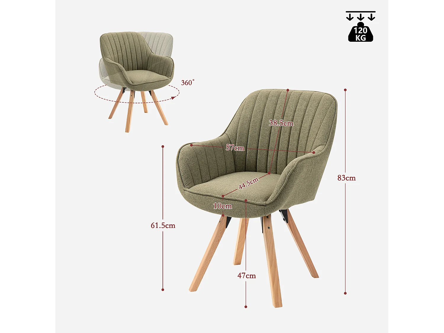 Chaise de bureau pivotante style scandinave en tissu vert avec pieds en bois de hêtre, CARSONOFFICE