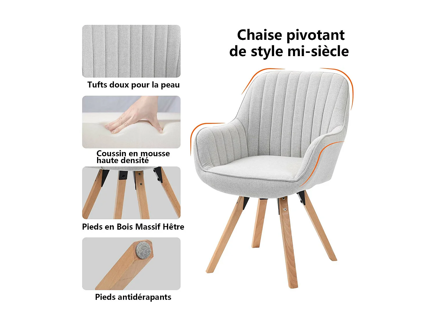 Chaise de bureau pivotant style scandinave en tissu pied en bois de hêtre,CARSONOFFICE
