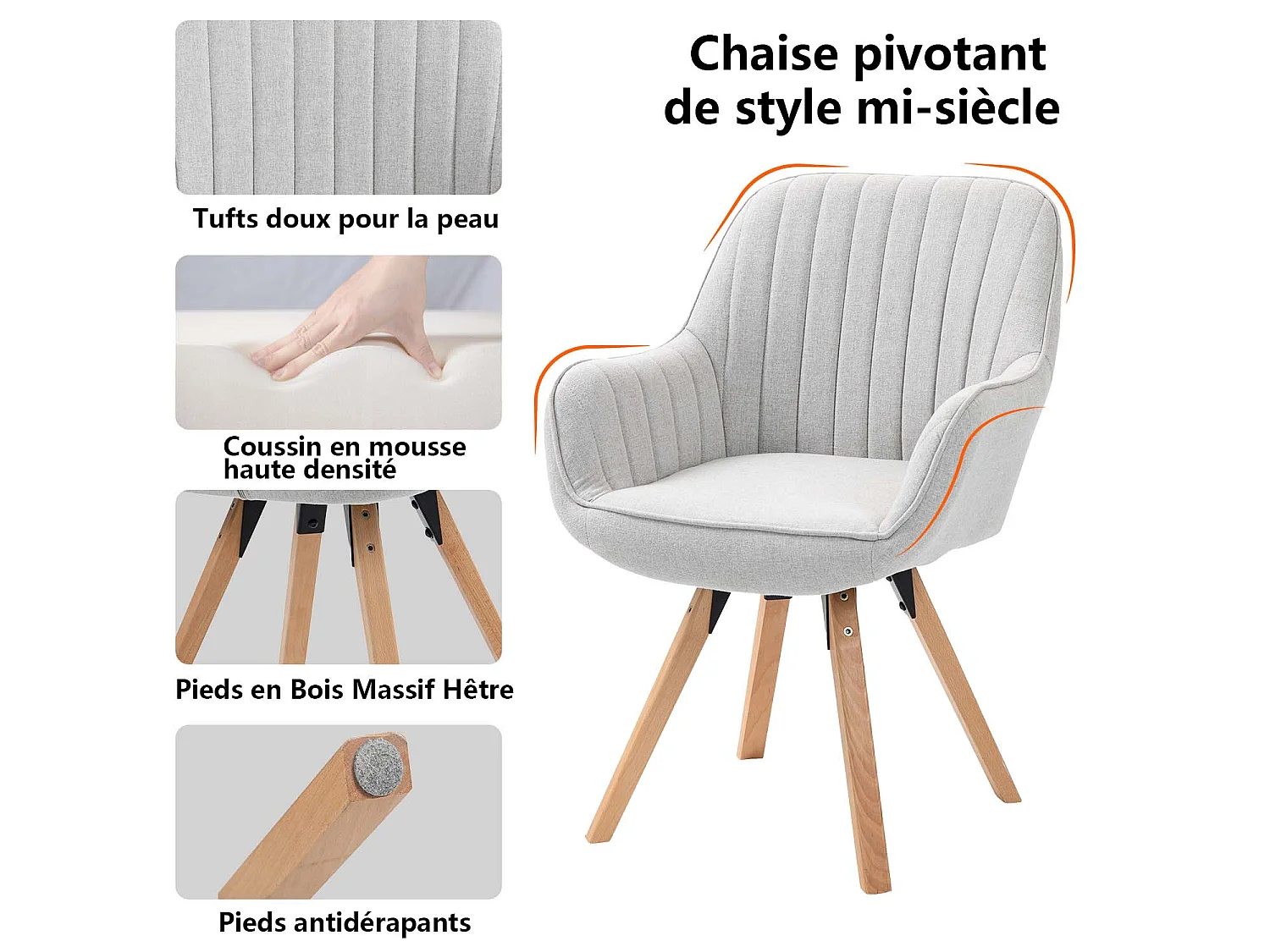 Chaise de bureau pivotant style scandinave en tissu pied en bois de hêtre,CARSONOFFICE