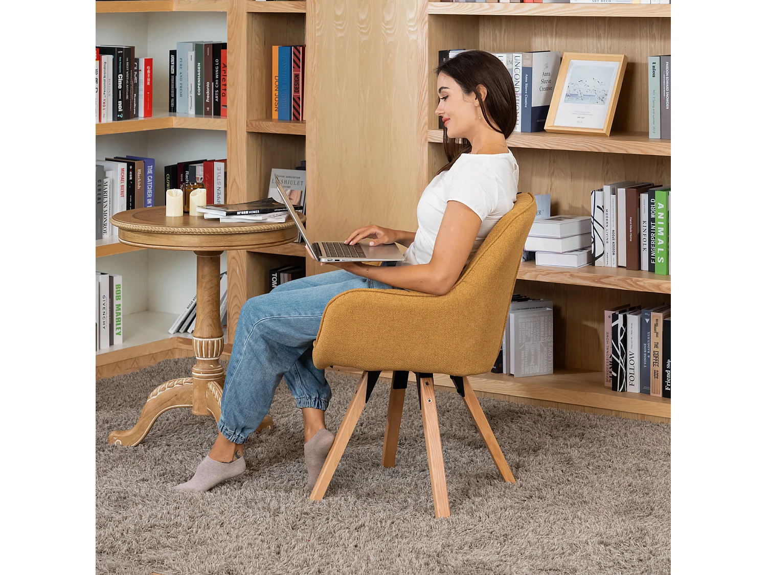 Chaise de bureau pivotant style scandinave en tissu pied en bois de hêtre,CARSONOFFICE