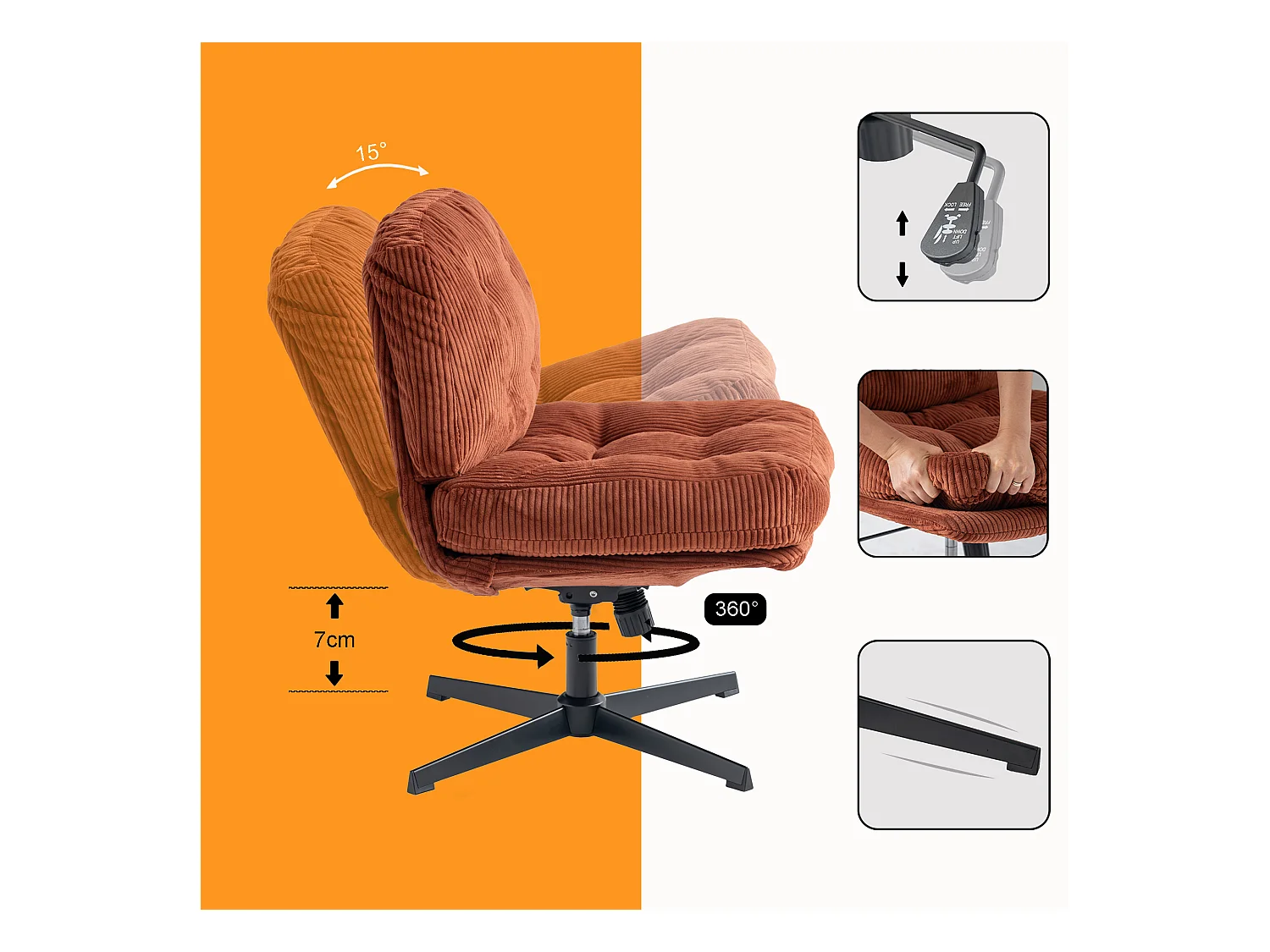 Chaise de bureau pivotant réglable en hauteur en velours côtelé,ALINTONEXOFFICE