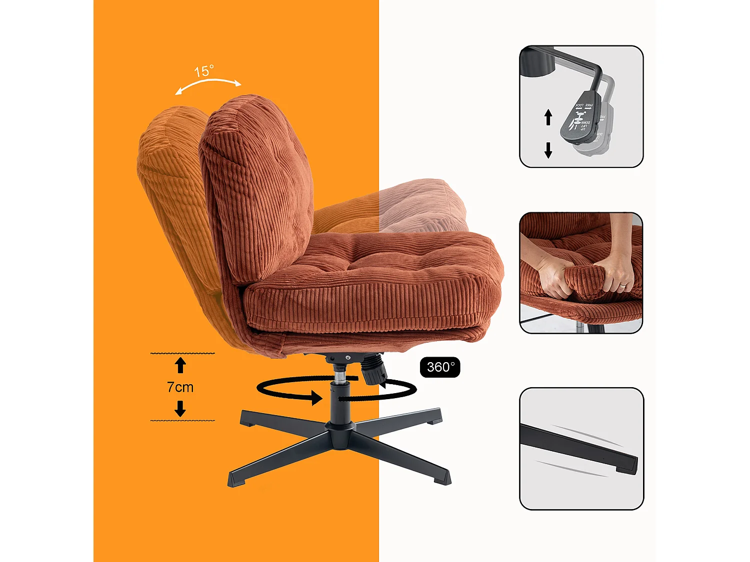 Chaise de bureau pivotant réglable en hauteur en velours côtelé,ALINTONEXOFFICE