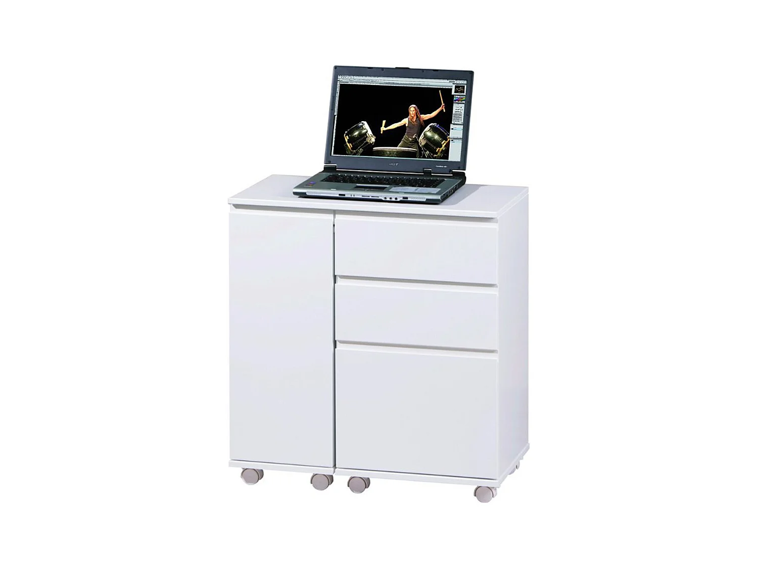 Bureau sur Roulettes pour Ordinateur Portable 3 Tiroirs/1 Porte, Dim : 121 x 36,5 x 72 cm