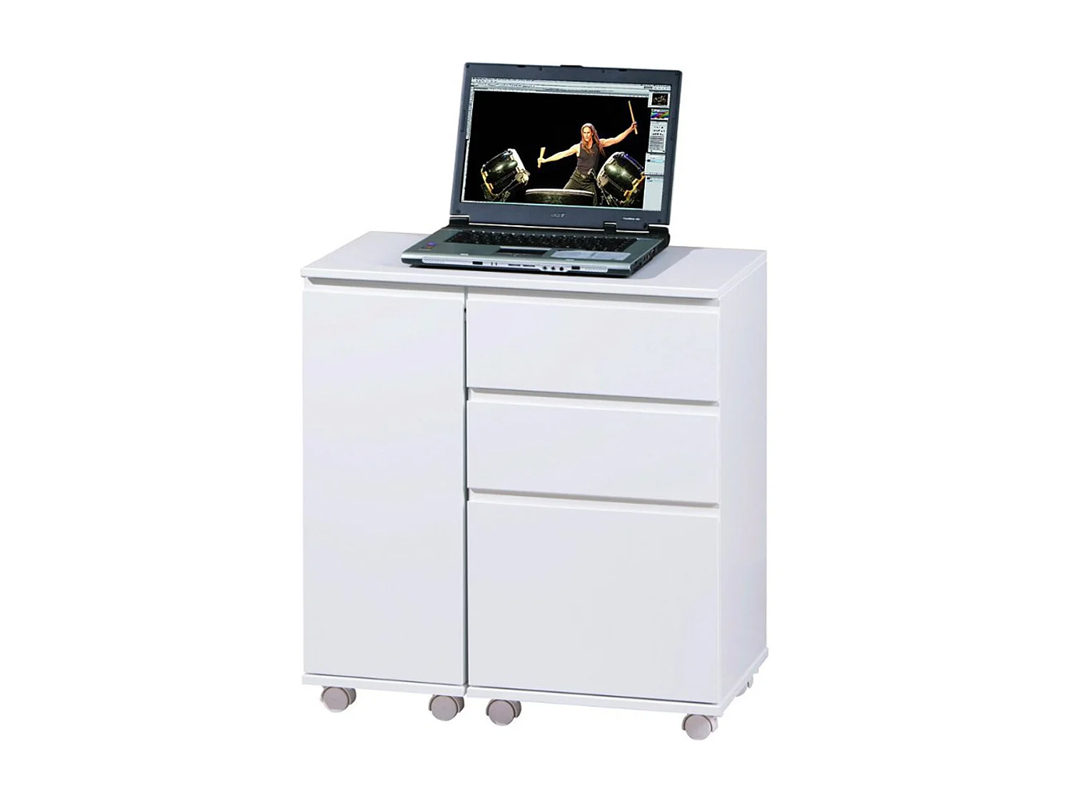 Bureau sur Roulettes pour Ordinateur Portable 3 Tiroirs/1 Porte, Dim : 121 x 36,5 x 72 cm