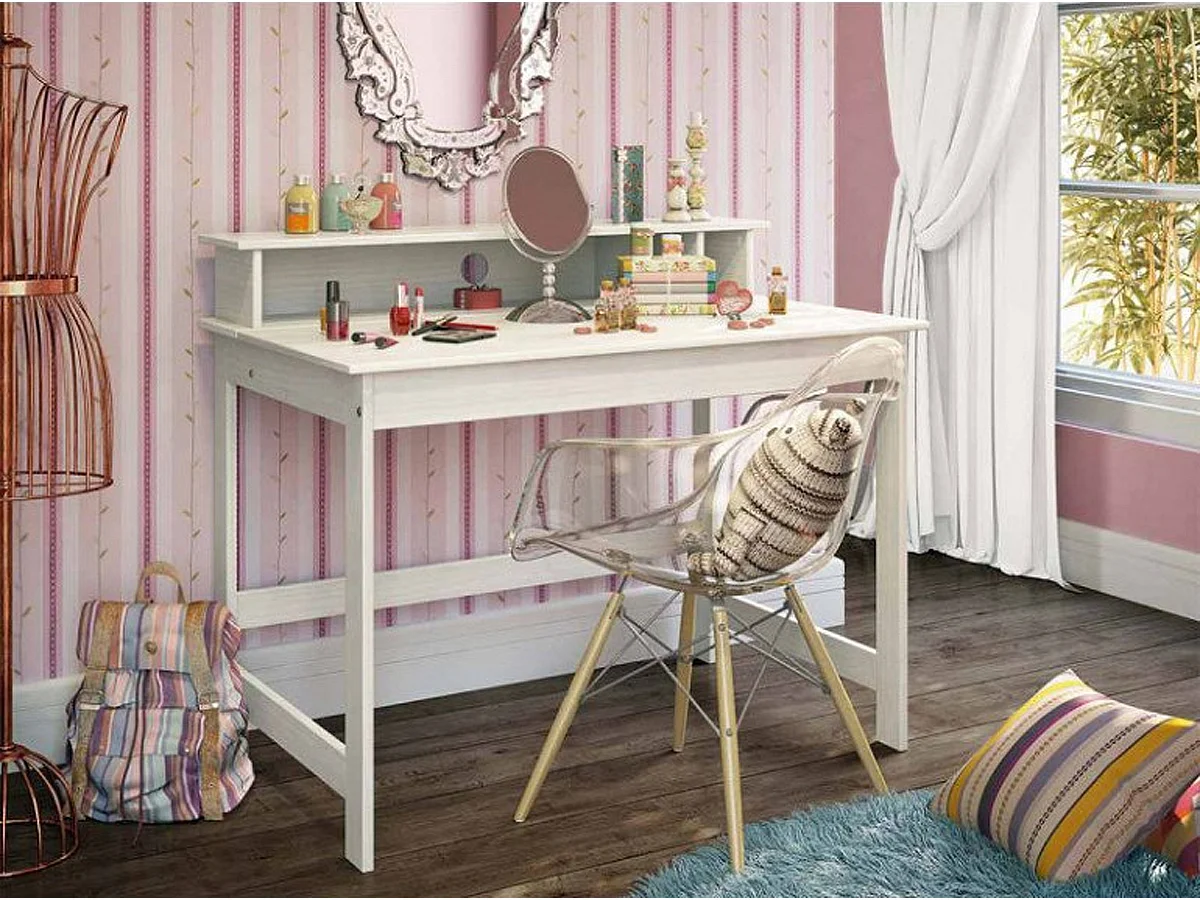 Bureau d'enfant en pin massif vernis blanc - L.110 x H.76/91 x P.69 cm